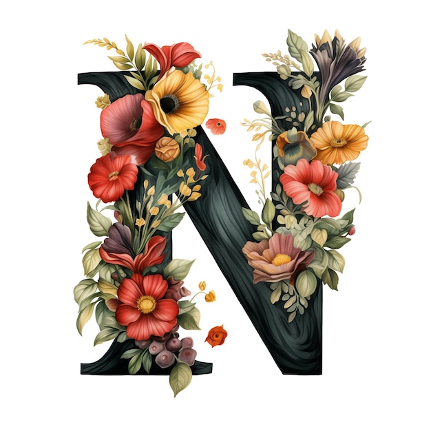 Letter N with red yellow and green moody flowers