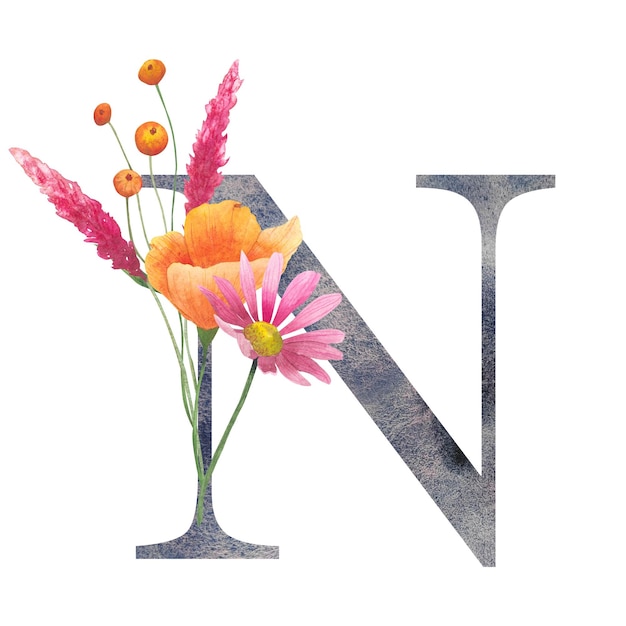 Фото Буква n с акварельными дикими цветами цветочный алфавит изолирован с ботаническим букетом монограммы инициалы идеально подходят для свадебного приглашения, поздравительной открытки и другого дизайна