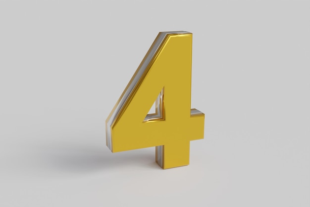 Буква номер четыре 3D визуализация золотой шрифт с серебряным контуром изолированный белый фон Обтравочный контур