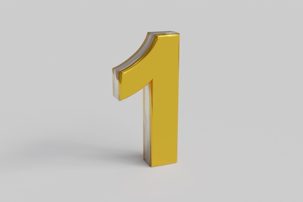 Letter number One 3D render gold font with silver outline isolated white background Clipping path