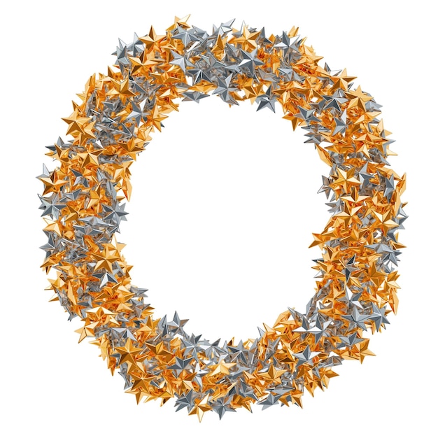 Letter O from gold and silver stars 3D rendering