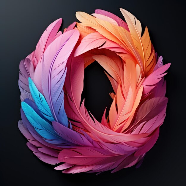 The letter o is made up of colored feathers