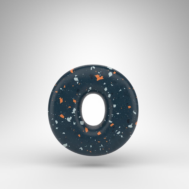 Letter O lowercase on white background. 3D rendered font with blue terrazzo pattern texture.