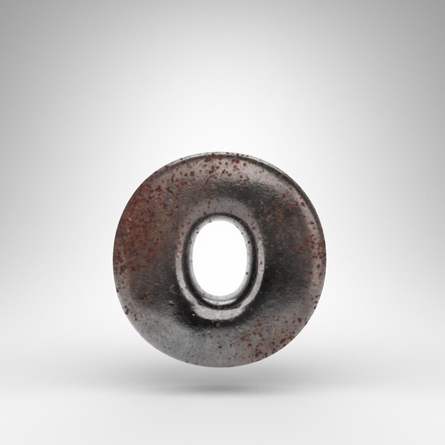 Letter O lowercase on white background. Rusty metal 3D rendered font with oxidized texture.