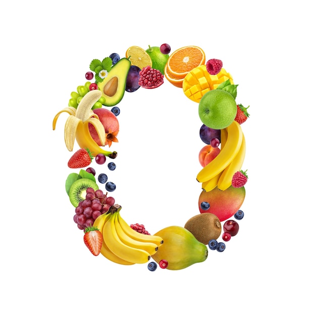 letter o made of different fruits and berries fruit alphabet isolated on white background