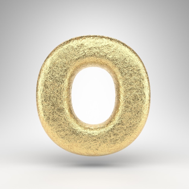 Letter O uppercase on white background. Creased golden foil 3D rendered font with gloss metal texture.