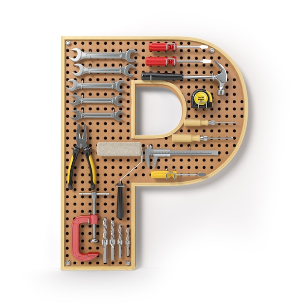 Letter P Alphabet from the tools on the metal pegboard isolated on white