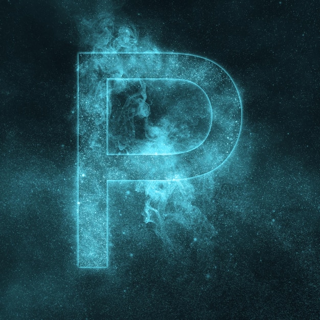 Photo letter p alphabet symbol. space letter, night sky letter.