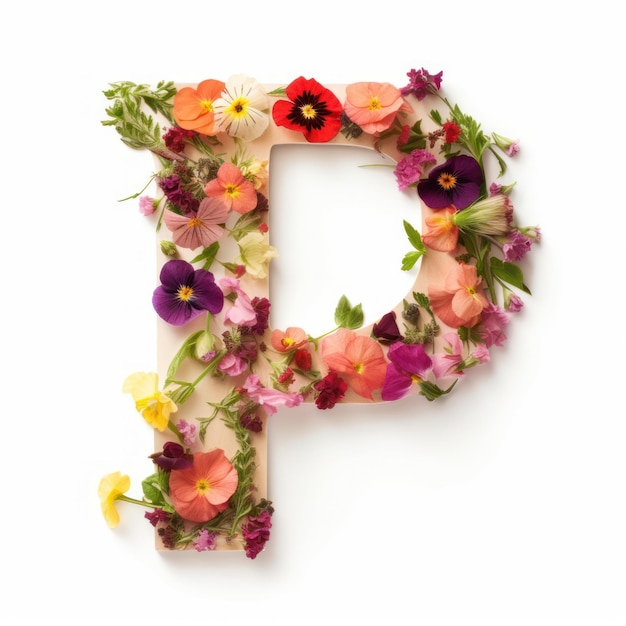 Photo letter p of the english alphabet from flowers isolated on white background