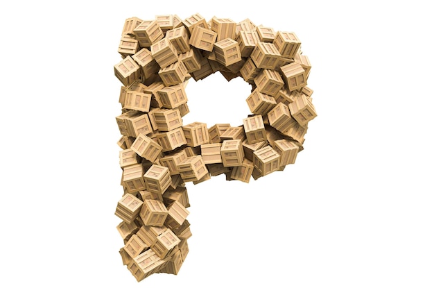 Letter P from wooden boxes 3D rendering