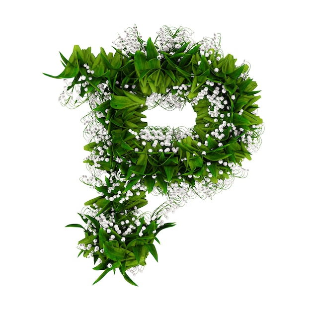 Letter P gemaakt van bloemen en gras geïsoleerd op wit. 3D illustratie.