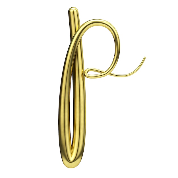 Letter P gold handwritten script font 3D Rendering