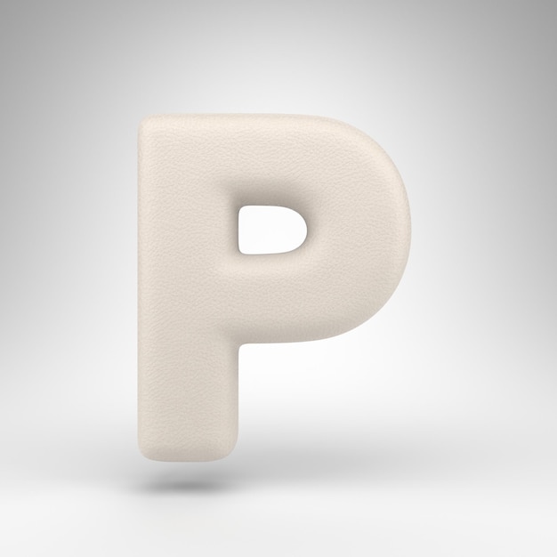 Letter P hoofdletters op witte achtergrond. Wit leer 3D rendeWhite lettertype met huidtextuur.