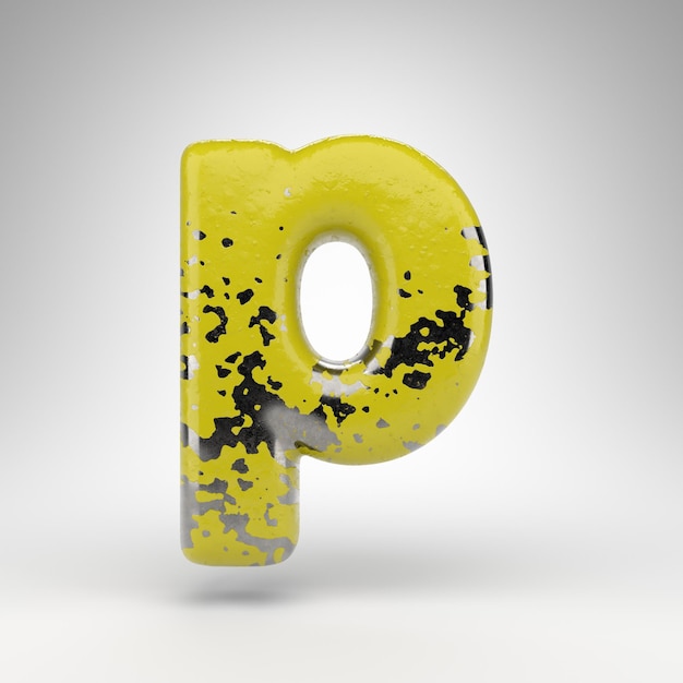 Letter P lowercase on white background. 3D rendered font with old yellow paint on gloss metal texture.