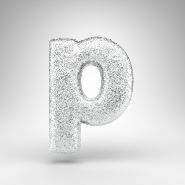 Letter P lowercase on white background. Creased aluminium foil 3D rendered font with gloss metal texture.