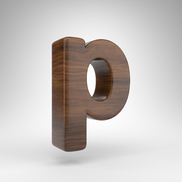 Letter P lowercase on white background. Dark oak 3D rendered font with brown wood texture.