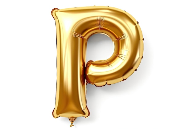 Letter P made of golden inflatable helium balloon isolated on white