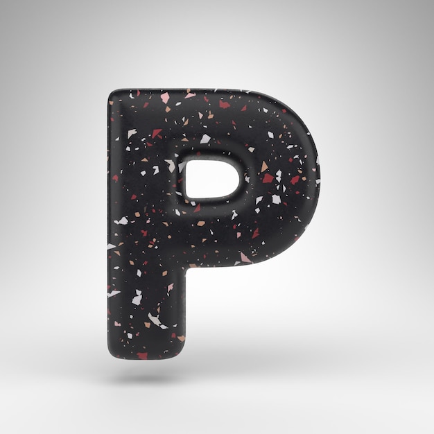 Photo letter p uppercase on white background. 3d rendered font with black terrazzo pattern texture.