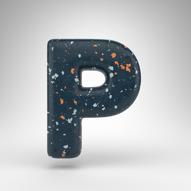 Letter P uppercase on white background. 3D rendered font with blue terrazzo pattern texture.