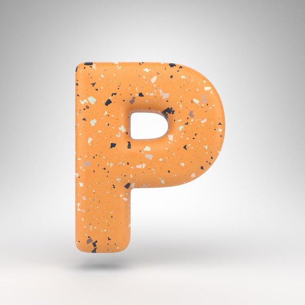 Letter P uppercase on white background. 3D rendered font with orange terrazzo pattern texture.