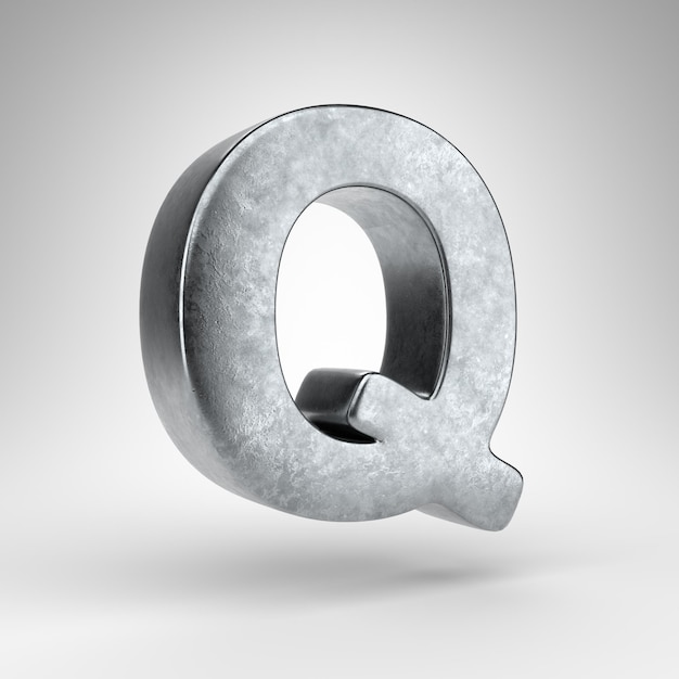 Letter Q hoofdletters op witte achtergrond. Gun metal 3D-gerenderde lettertype met ruwe metalen textuur.