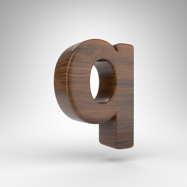 Letter Q lowercase on white background. Dark oak 3D rendered font with brown wood texture.