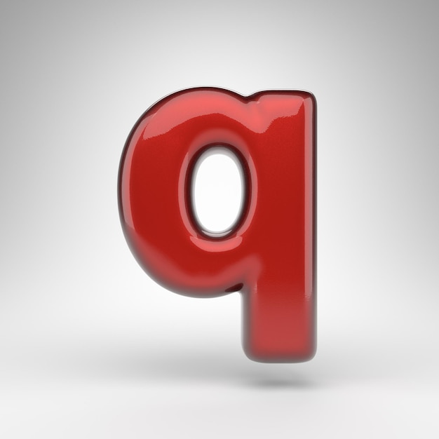 Letter Q lowercase on white background. Red car paint 3D rendered font with glossy metallic surface.