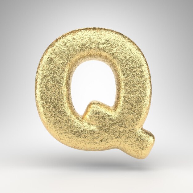 Letter Q uppercase on white background. Creased golden foil 3D rendered font with gloss metal texture.