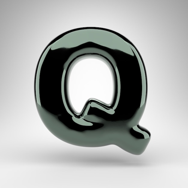 Letter Q uppercase on white background. Green chrome 3D rendered font with glossy surface.