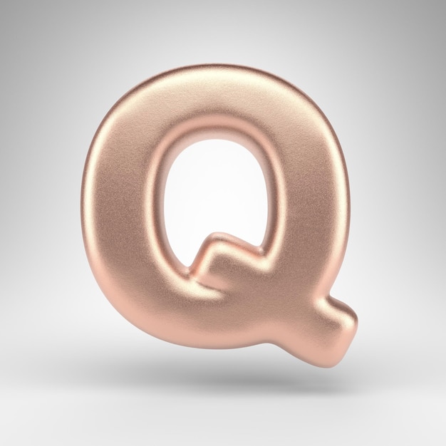 Letter Q uppercase on white background. Matte copper 3D rendered font with shiny metallic texture.