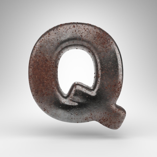 Letter Q uppercase on white background. Rusty metal 3D rendered font with oxidized texture.