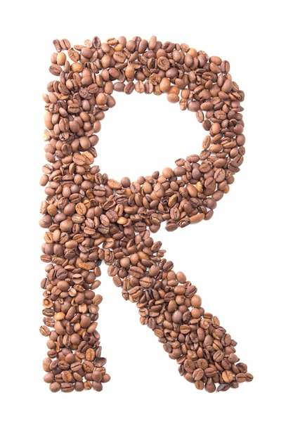 Photo letter r alphabet from coffee beans isolated on white background