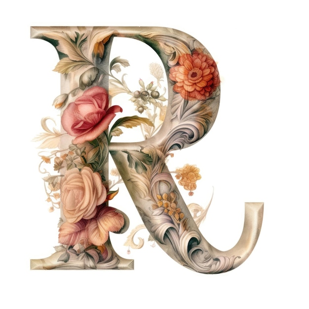 Letter R Floral monogram colorful Vintage ornament initial Alphabet spiral scroll style