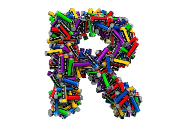 Photo letter r from colored aa batteries 3d rendering