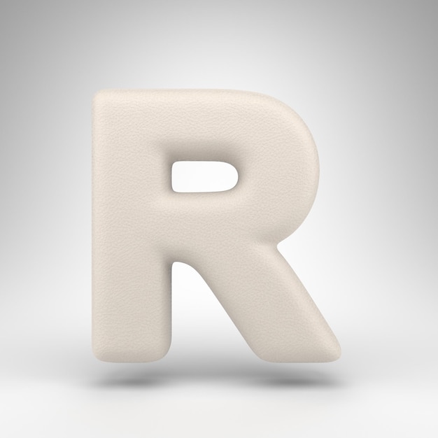 Letter R hoofdletters op witte achtergrond. Wit leer 3D rendeWhite lettertype met huidtextuur.
