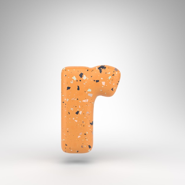 Letter R lowercase on white background. 3D rendered font with orange terrazzo pattern texture.