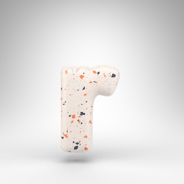 Photo letter r lowercase on white background. 3d rendered font with terrazzo pattern texture.