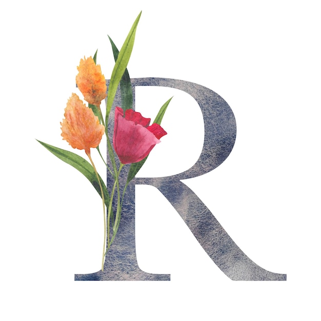 Foto letter r met waterverf wilde bloemen bloemelijk alfabet geïsoleerd met botanisch boeket monogram initialen perfect voor bruiloftsuitnodiging verjaardagskaartje en ander ontwerp