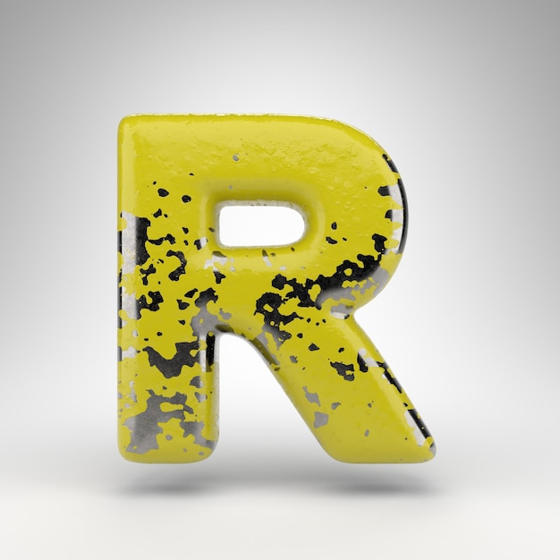 Photo letter r uppercase on white background. 3d rendered font with old yellow paint on gloss metal texture.