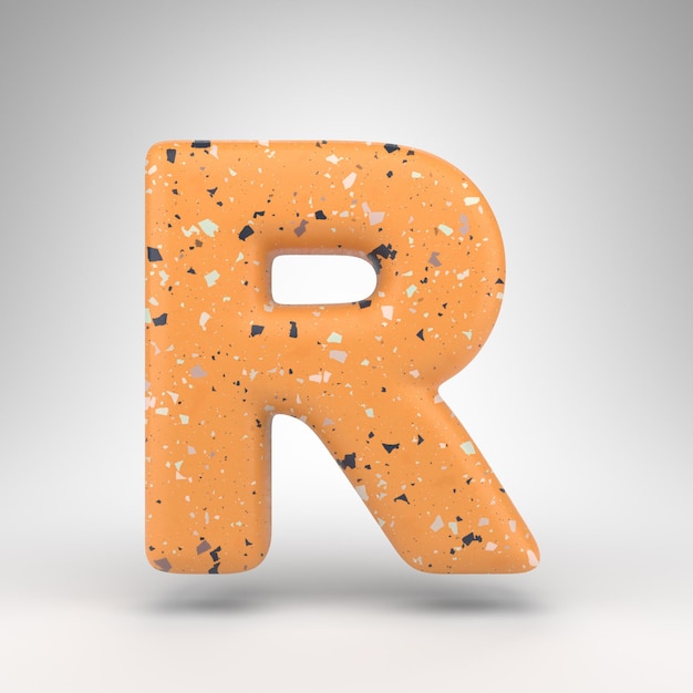 Letter R uppercase on white background. 3D rendered font with orange terrazzo pattern texture.