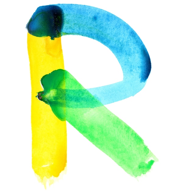 Letter R - Vivid watercolor alphabet. Colours resemble flag of Brazil