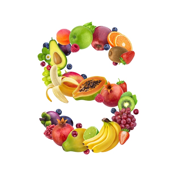 Letter S made of different fruits and berries