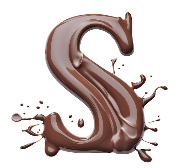 Буква S, сделанная из расплавленного шоколада, вид сверху на белом фоне Генеративный AI реалистичная иллюстрация