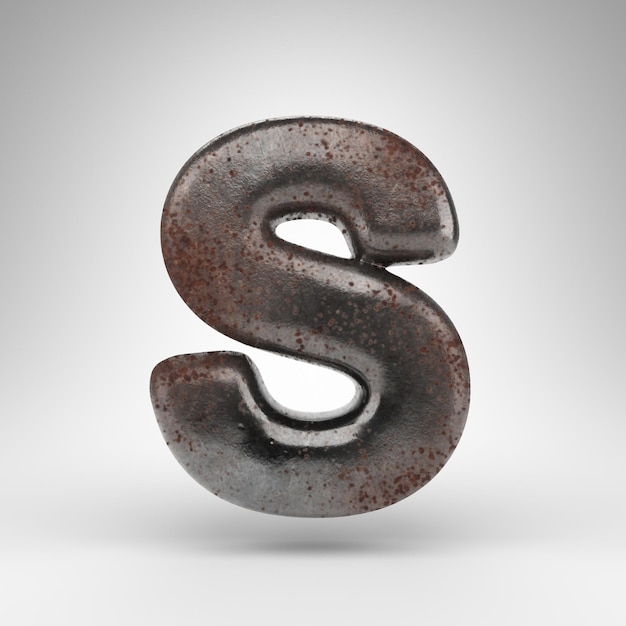 Letter S uppercase on white background. Rusty metal 3D rendered font with oxidized texture.