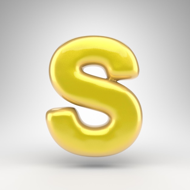 Letter S uppercase on white background. Yellow car paint 3D rendered font with glossy metallic surface.