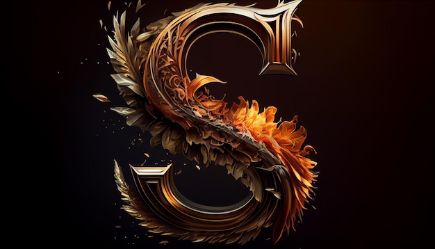 A letter s with gold letters and a dragon on a black background.