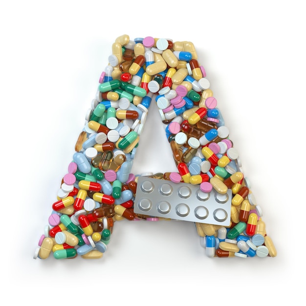 Буква A Набор алфавита лекарственных таблеток, капсул, таблеток и волдырей, изолированных на белом