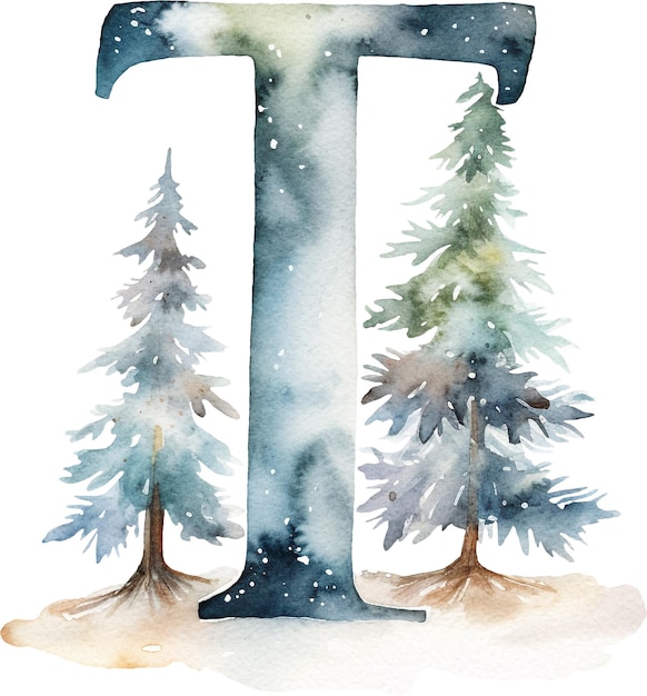 Letter T decorated with snowflakes winter wonderland watercolor isolated on white