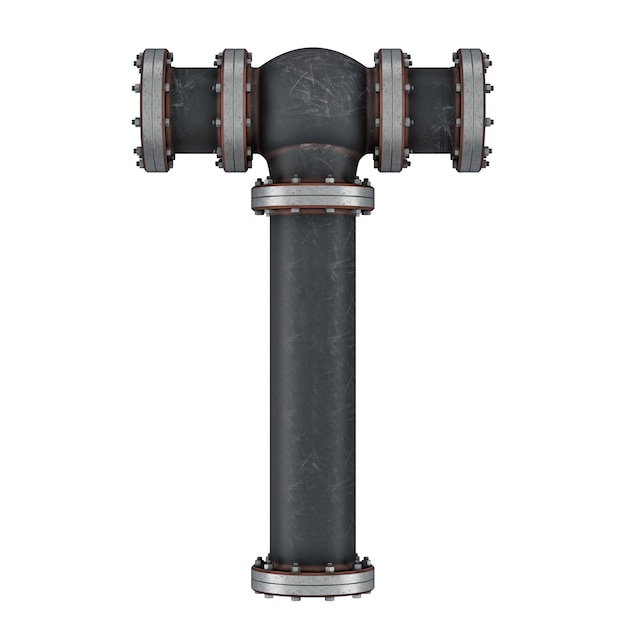 Letter T from cast iron pipes 3D rendering