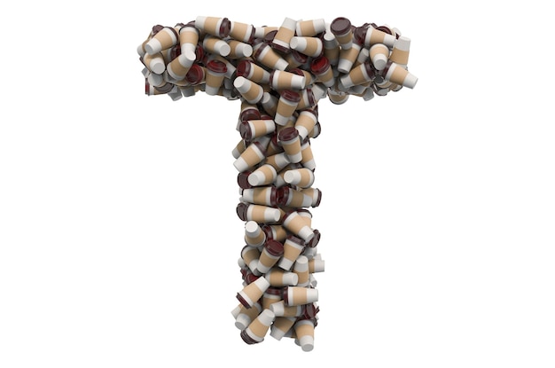 Letter T from disposable cups of coffee or tea 3D rendering